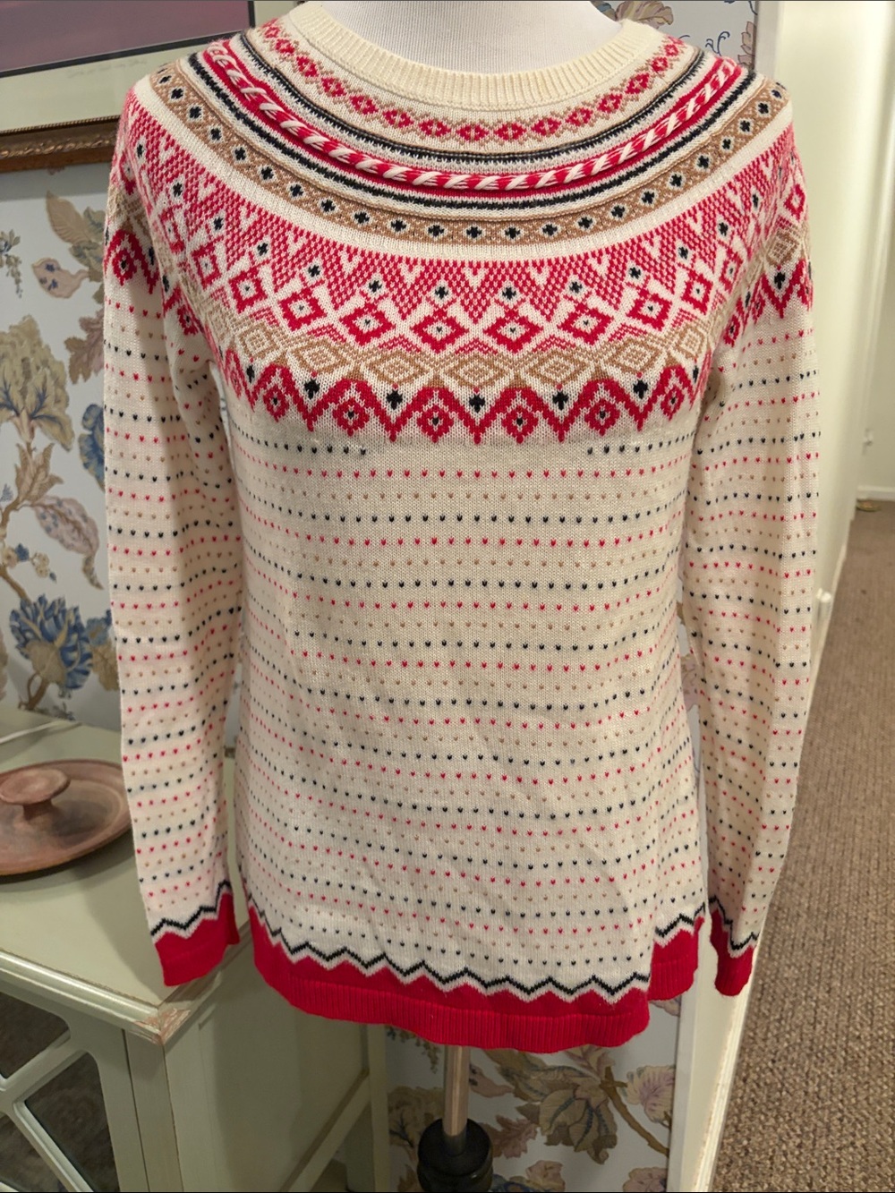 Talbots Wool Fair Isle Crewneck Sweater with Red Accent